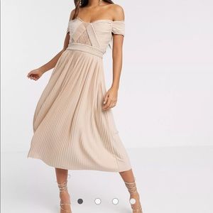 Pleated midi dress, champagne gold, tags attached, size 8 us